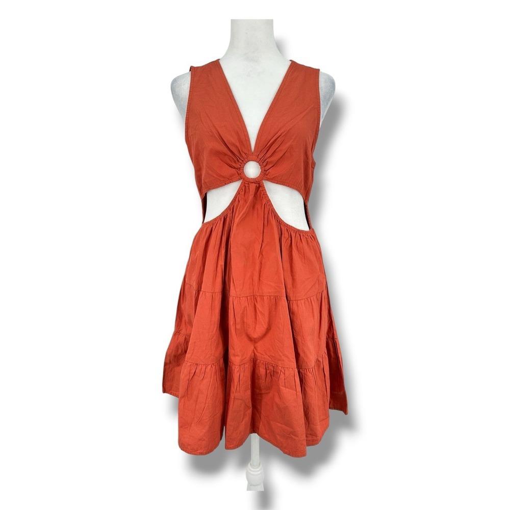 Derek‎ Heart Brunt Orange Cutout Ring Mini Dress M Cotton Boho Festival Y2K
